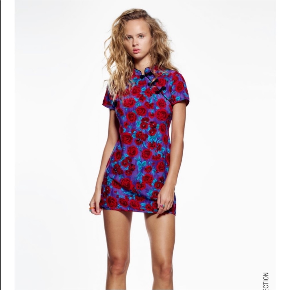 ZARA Viscose Roses Mini Dress Frog Button Size S